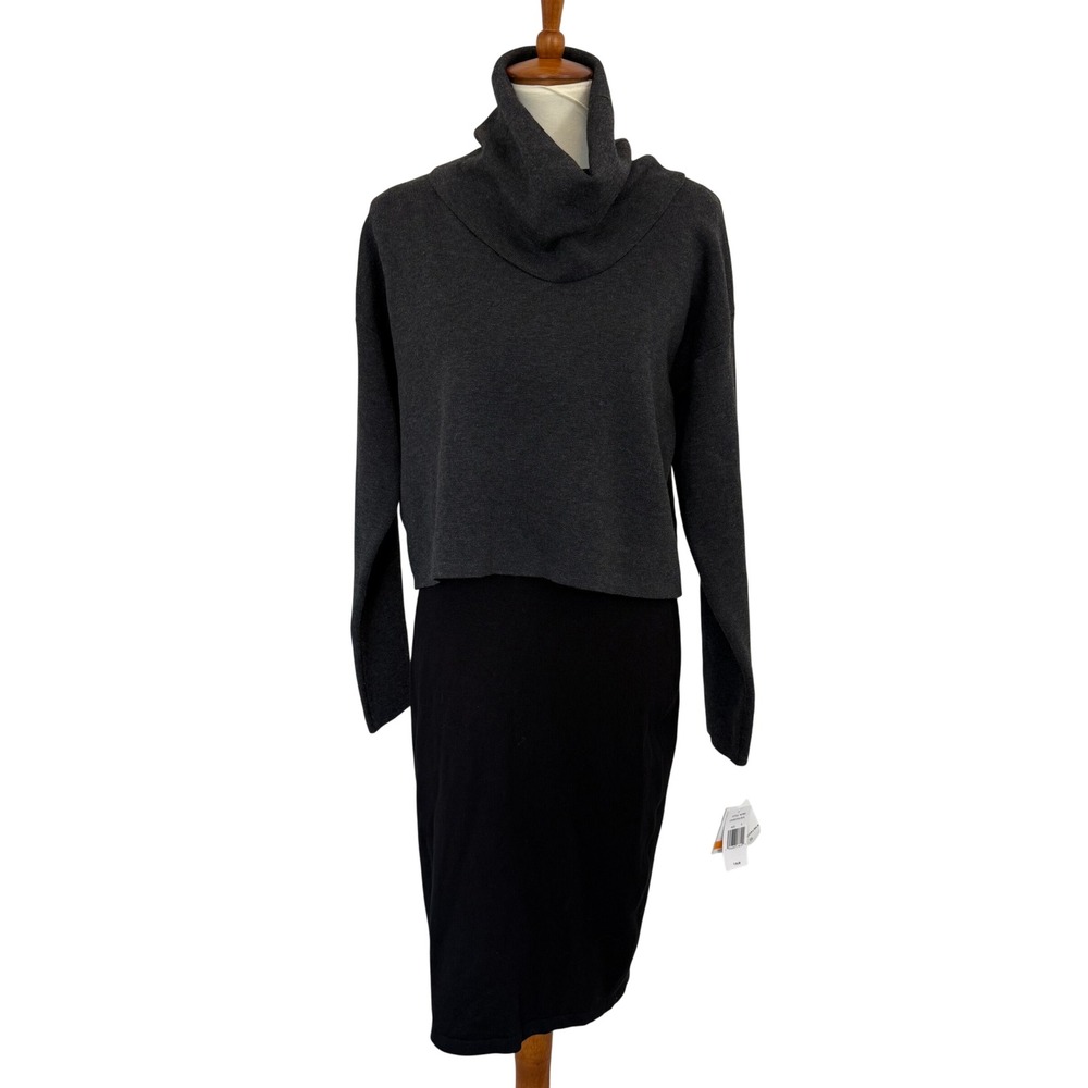 NWT Taylor Women's Charcoal Grey Black Cowl Neck Sweater Midi Sheath Dress Small